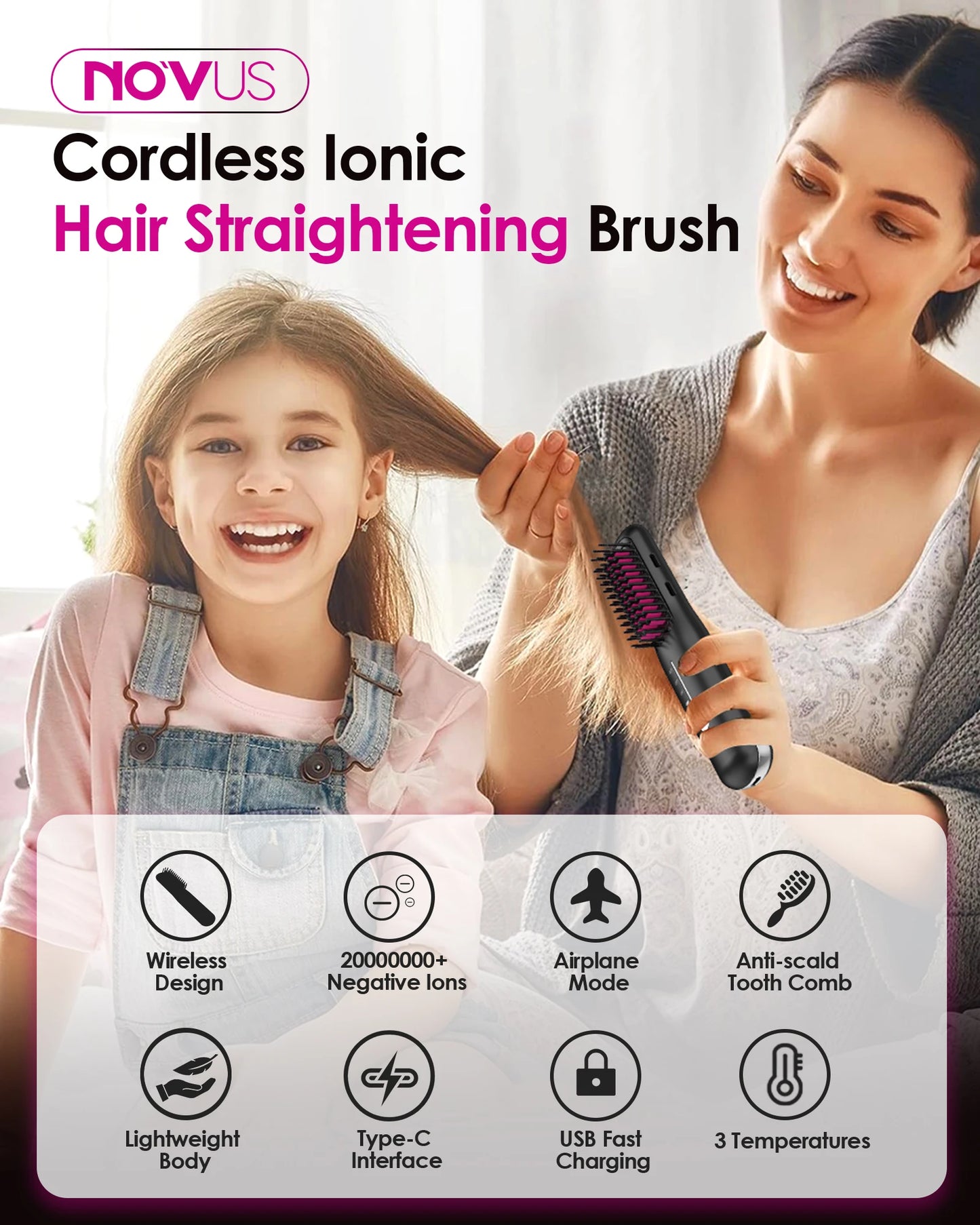 Porta Mini Hair Straightening Brush for Travel– Cordless & USB Rechargeable,Ionic Hot Comb for Frizz-Free Shine,Lightweight