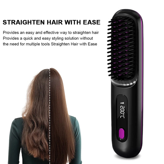 Cordless Travel Hair Straightener Rechargeable Heat Brush Portable Straightening Comb for Less Frizz Shinier & Smoother Hair