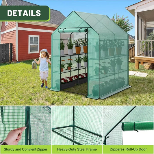 Portable PE Cover Greenhouse with Anchors and Ropes Indoor Outdoor-3 Tier 8 Wired Shelves Plant Gardening Hot House