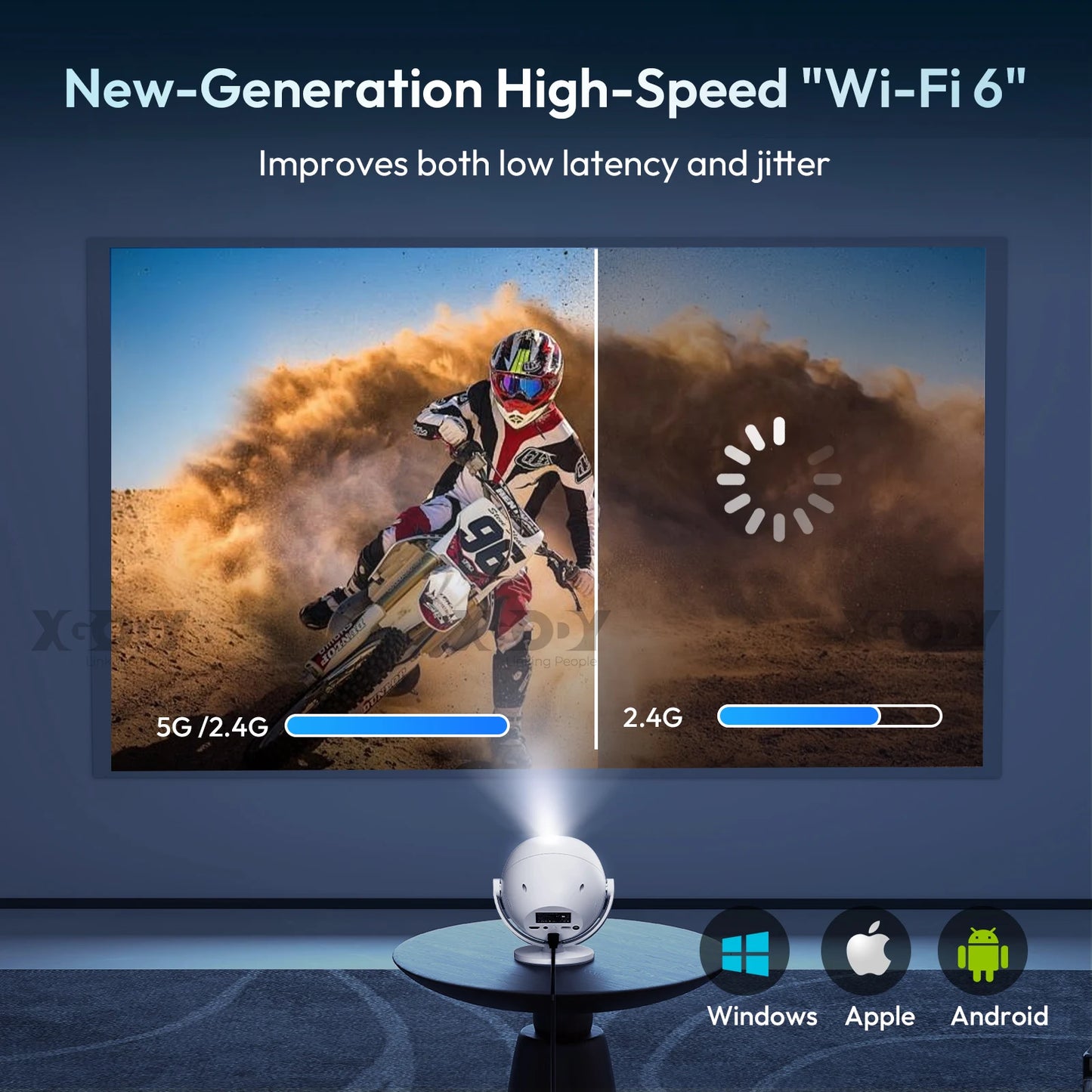 XGODY 350 ANSI 4K Portable Android Projector with WiFi6 Bluetooth 50% Zoom Electric Focus for Home Theater