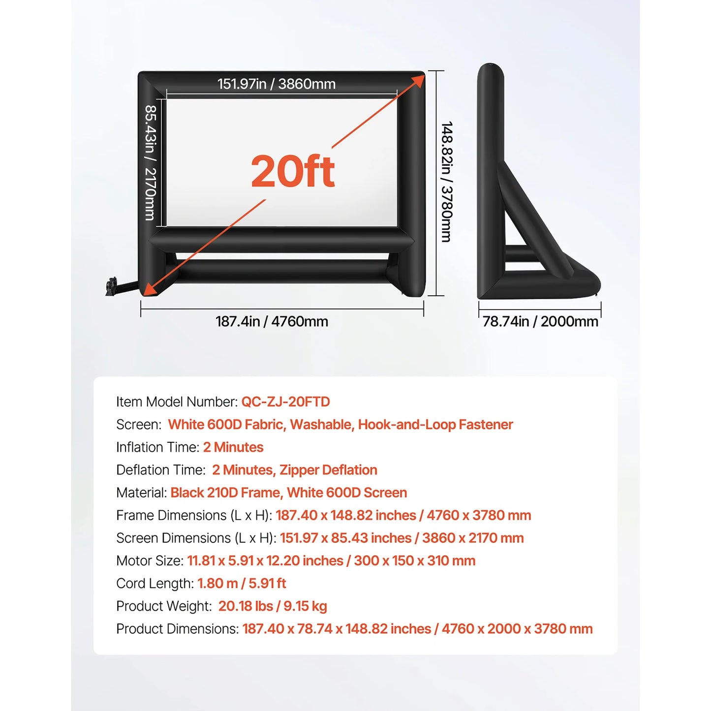 VEVOR 14/15/16/18/20 FT Inflatable Projector Screen w/ 120W Air Blower Projector Screen for Outdoor Backyard Theater Theme Party