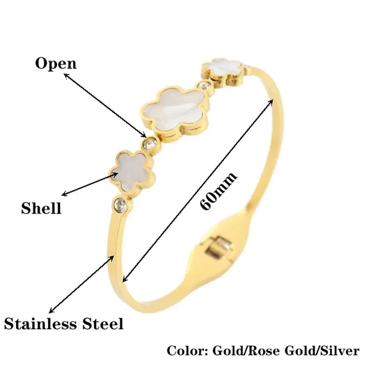 Hot Sale Simple Shell Five-Leaf Flower Stainless Steel Open Bangle Fashion For Woman Non Fading Clover Jewelry Party Gift Female