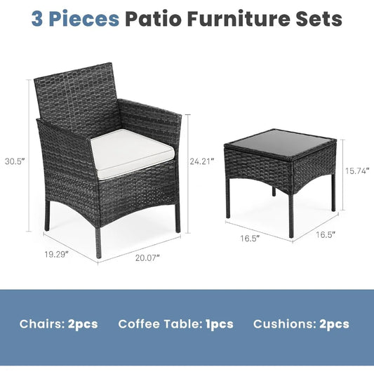 Furniture Set 3 Pieces, Outdoor Wicker Furniture with Coffee Table, Modern Rattan Patio Chairs Conversation Sets with Sofa