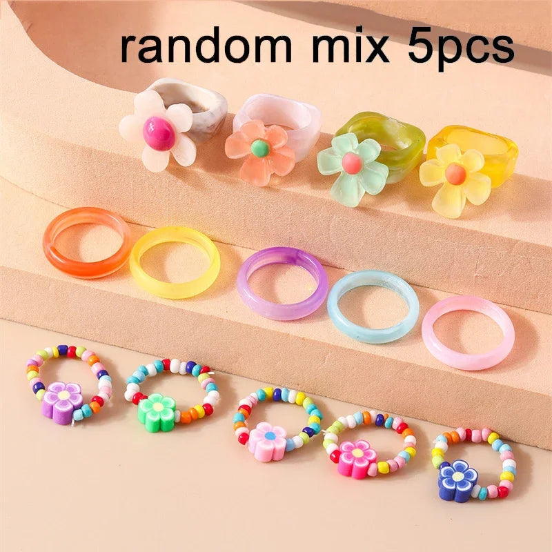 Aihua Korean Colorful Small Flower Ring Sets Bohemia Handmade Multi Beaded Rice Beads Finger Ring For Women Beach Jewelry Gifts