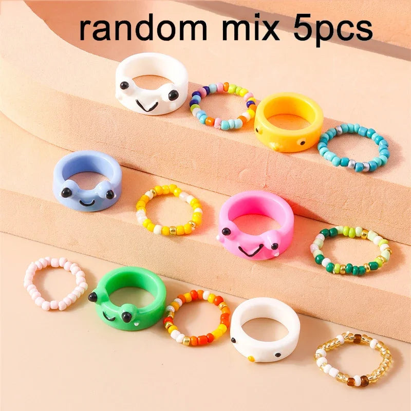 Aihua Korean Colorful Small Flower Ring Sets Bohemia Handmade Multi Beaded Rice Beads Finger Ring For Women Beach Jewelry Gifts