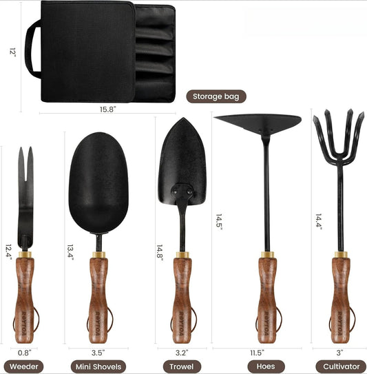 Garden Tool Set,5Pcs Gardening Tools,Stainless Steel Heavy Duty Hand Cultivator, Hoes，Shovel, Trowel and Weeder