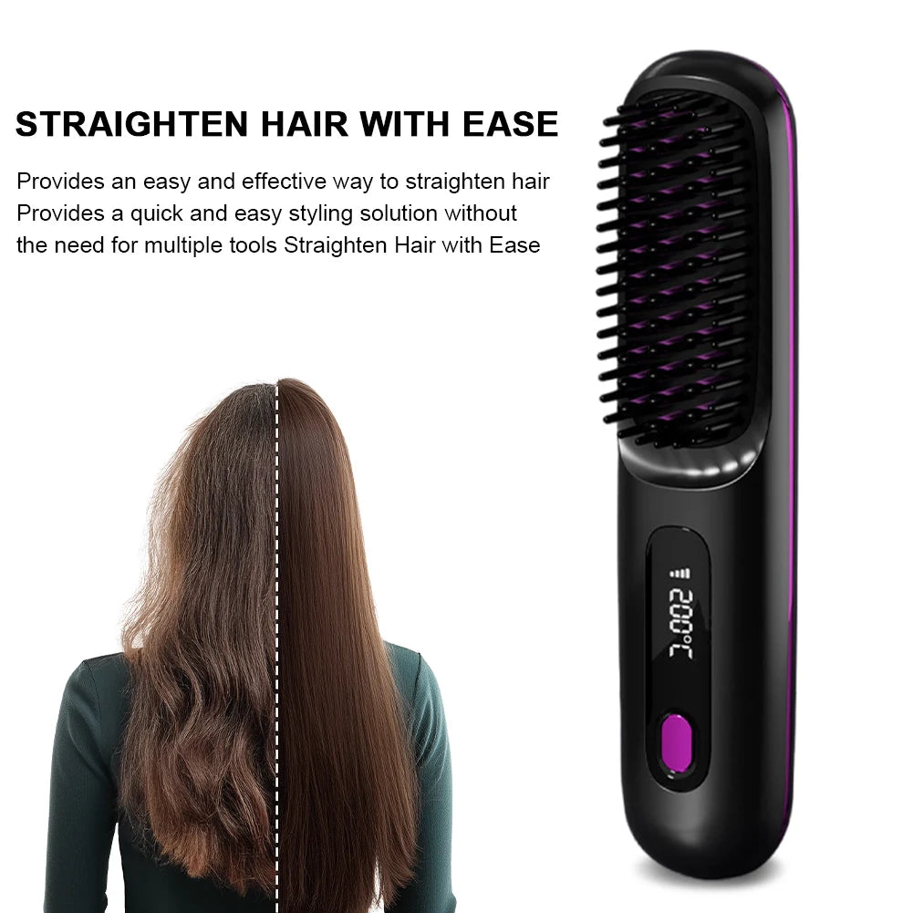 Cordless Travel Hair Straightener Rechargeable Heat Brush Portable Straightening Comb for Less Frizz Shinier & Smoother Hair