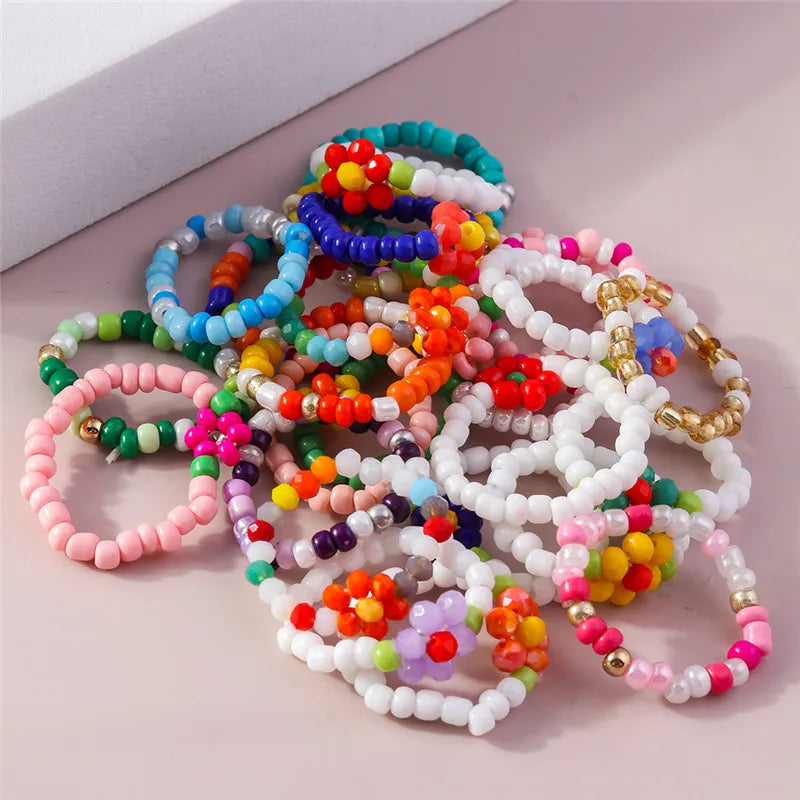 Aihua Korean Colorful Small Flower Ring Sets Bohemia Handmade Multi Beaded Rice Beads Finger Ring For Women Beach Jewelry Gifts