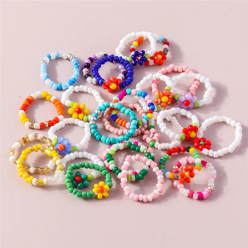 Aihua Korean Colorful Small Flower Ring Sets Bohemia Handmade Multi Beaded Rice Beads Finger Ring For Women Beach Jewelry Gifts
