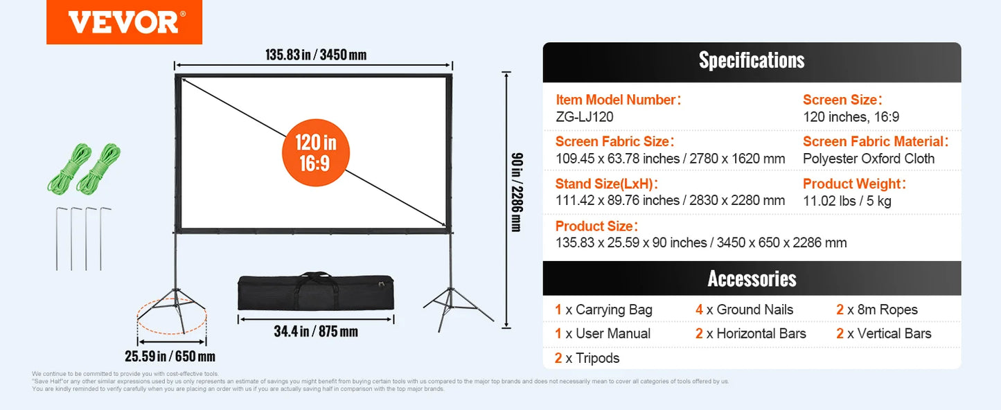 SucceBuy Projector Screen with Stand 100 120 150 inch 16:9 4K 1080 HD Portable Projection Screen for Home Office Theater Cinema