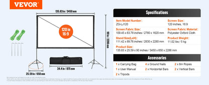 SucceBuy Projector Screen with Stand 100 120 150 inch 16:9 4K 1080 HD Portable Projection Screen for Home Office Theater Cinema