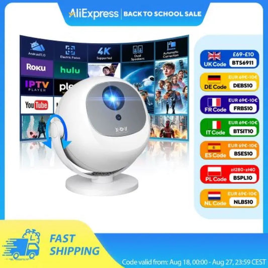 XGODY 350 ANSI 4K Portable Android Projector with WiFi6 Bluetooth 50% Zoom Electric Focus for Home Theater
