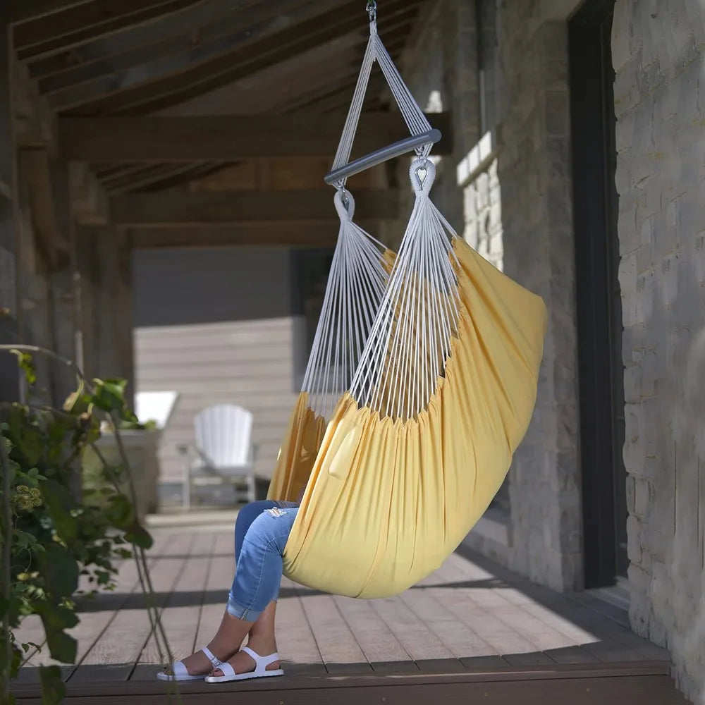 Deluxe Polyester Hammock Chair with Plush Cushions – Strong Polyester Ropes, Coated Spreader Bar, Built-in Pockets