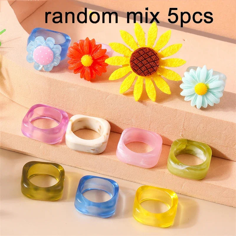Aihua Korean Colorful Small Flower Ring Sets Bohemia Handmade Multi Beaded Rice Beads Finger Ring For Women Beach Jewelry Gifts
