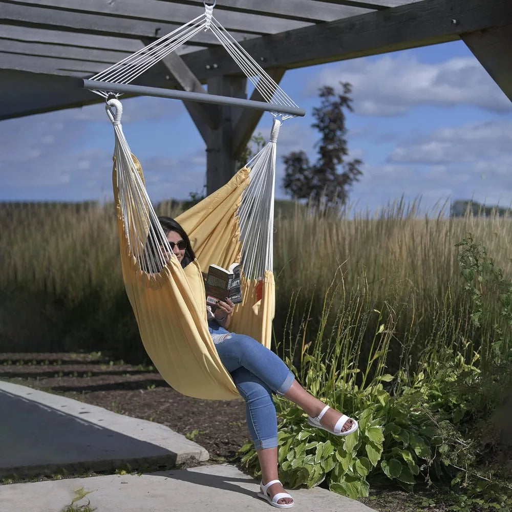 Deluxe Polyester Hammock Chair with Plush Cushions – Strong Polyester Ropes, Coated Spreader Bar, Built-in Pockets