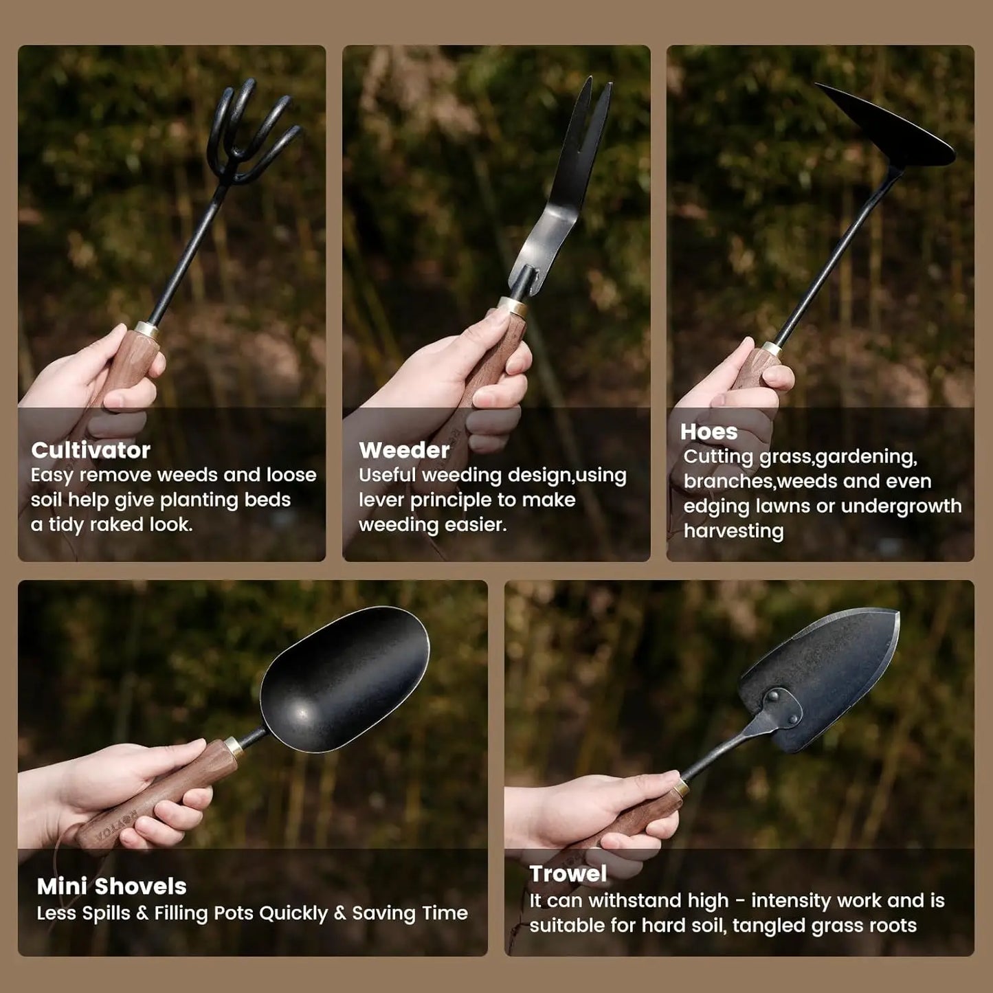 Garden Tool Set,5Pcs Gardening Tools,Stainless Steel Heavy Duty Hand Cultivator, Hoes，Shovel, Trowel and Weeder
