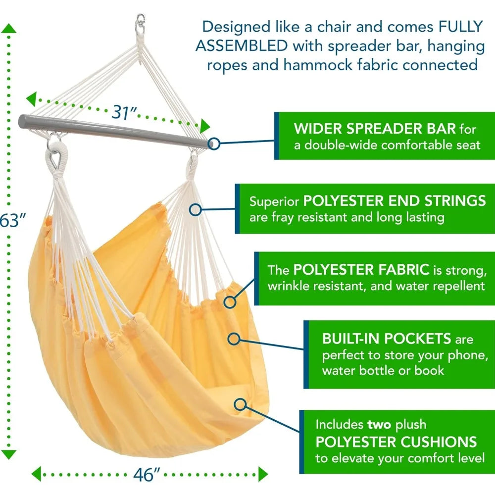 Deluxe Polyester Hammock Chair with Plush Cushions – Strong Polyester Ropes, Coated Spreader Bar, Built-in Pockets