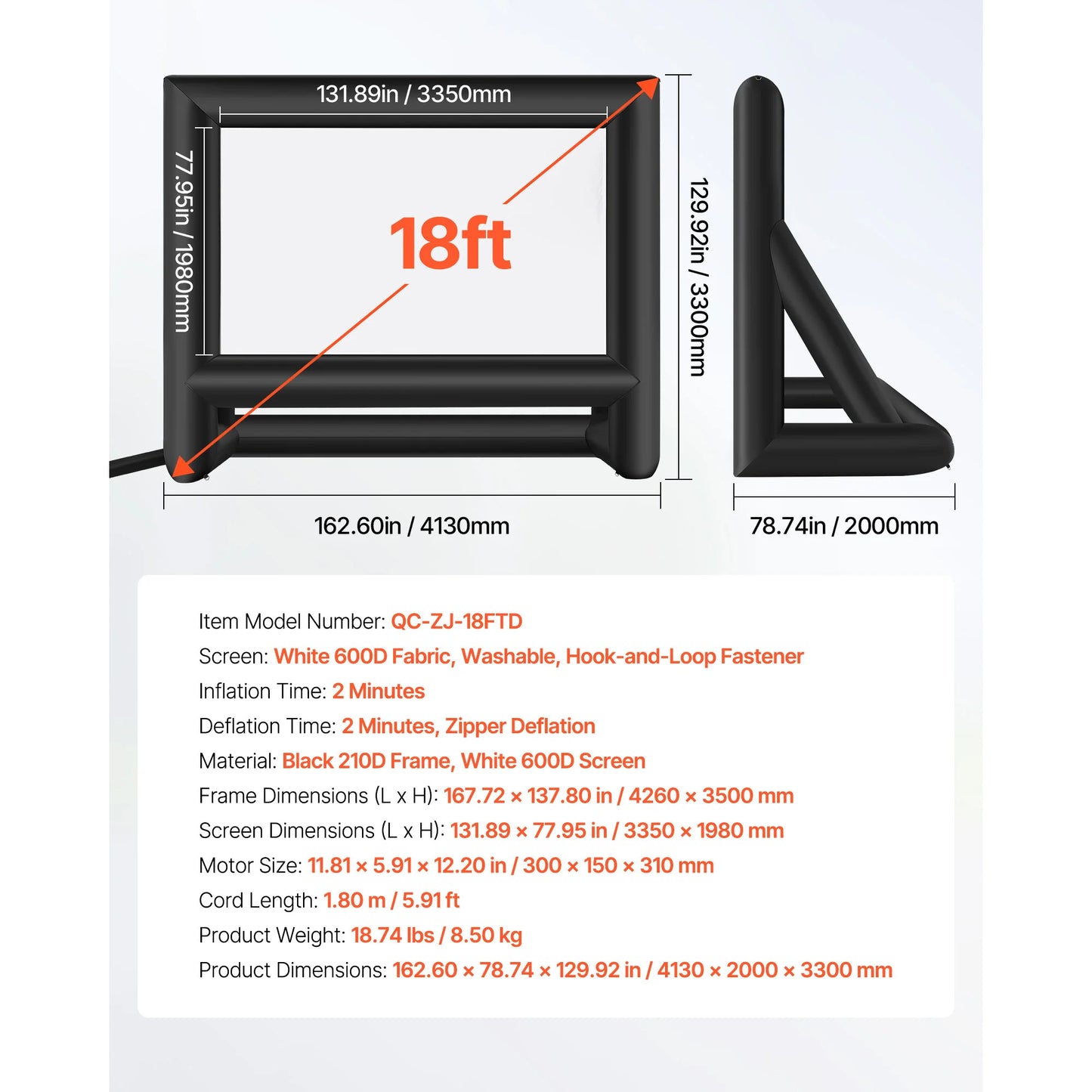 VEVOR 14/15/16/18/20 FT Inflatable Projector Screen w/ 120W Air Blower Projector Screen for Outdoor Backyard Theater Theme Party