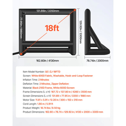 VEVOR 14/15/16/18/20 FT Inflatable Projector Screen w/ 120W Air Blower Projector Screen for Outdoor Backyard Theater Theme Party