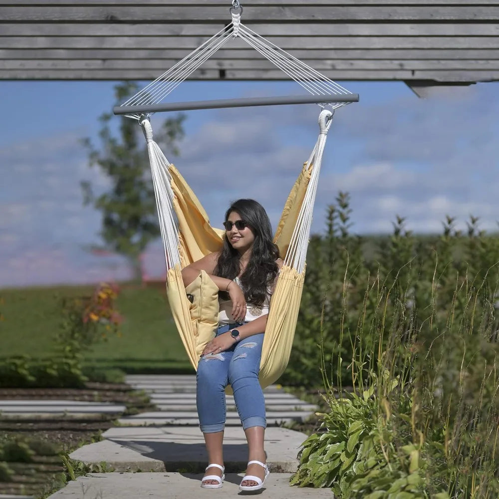 Deluxe Polyester Hammock Chair with Plush Cushions – Strong Polyester Ropes, Coated Spreader Bar, Built-in Pockets