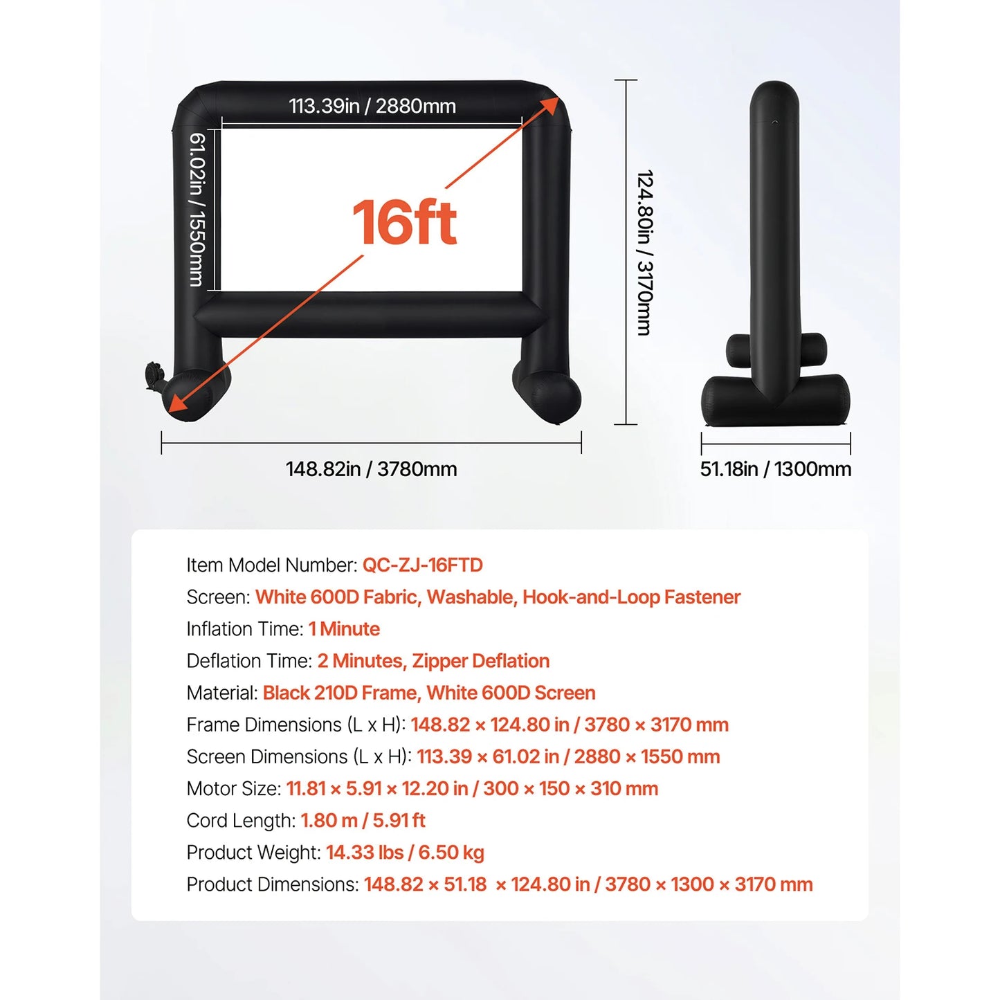 VEVOR 14/15/16/18/20 FT Inflatable Projector Screen w/ 120W Air Blower Projector Screen for Outdoor Backyard Theater Theme Party