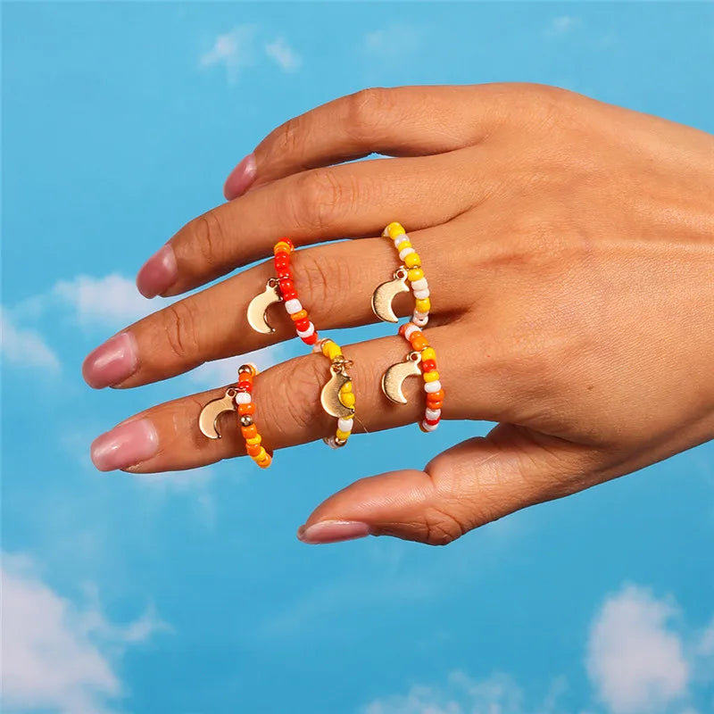 Aihua Korean Colorful Small Flower Ring Sets Bohemia Handmade Multi Beaded Rice Beads Finger Ring For Women Beach Jewelry Gifts