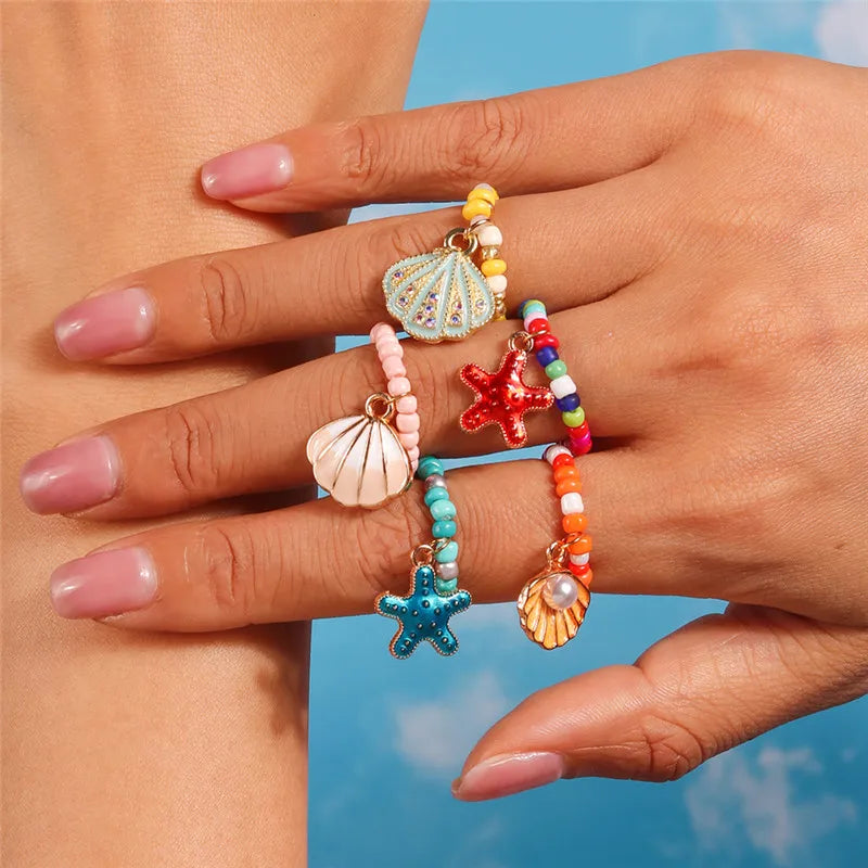 Aihua Korean Colorful Small Flower Ring Sets Bohemia Handmade Multi Beaded Rice Beads Finger Ring For Women Beach Jewelry Gifts
