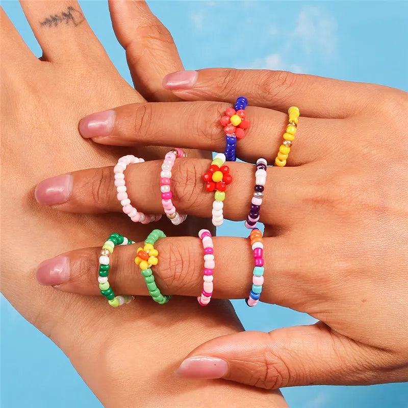 Aihua Korean Colorful Small Flower Ring Sets Bohemia Handmade Multi Beaded Rice Beads Finger Ring For Women Beach Jewelry Gifts
