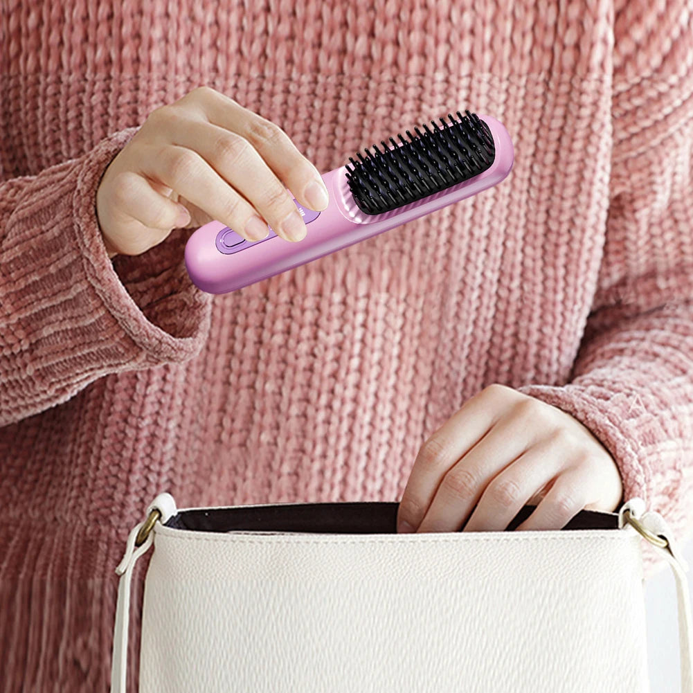 Cordless Travel Hair Straightener Rechargeable Heat Brush Portable Straightening Comb for Less Frizz Shinier & Smoother Hair