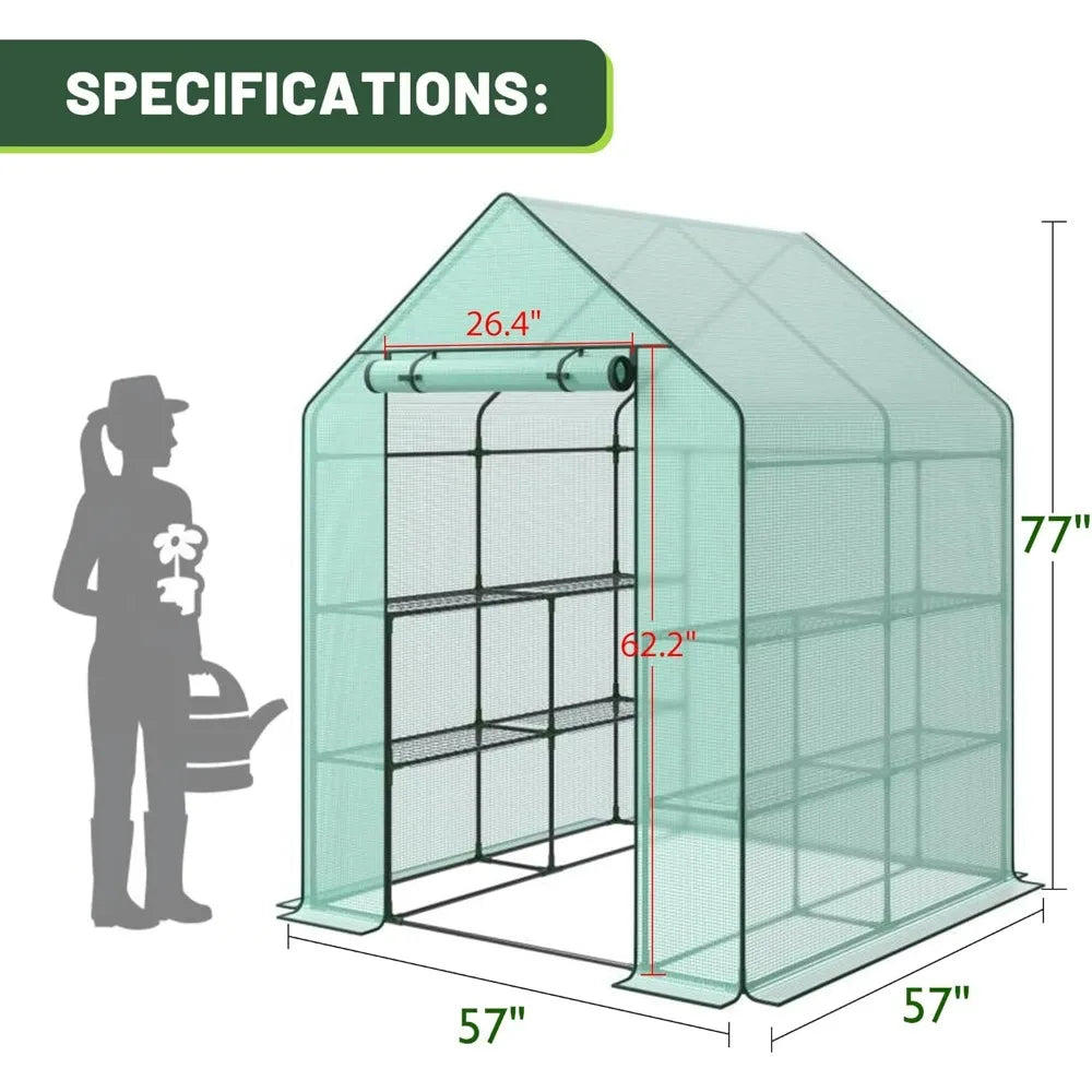 Portable PE Cover Greenhouse with Anchors and Ropes Indoor Outdoor-3 Tier 8 Wired Shelves Plant Gardening Hot House
