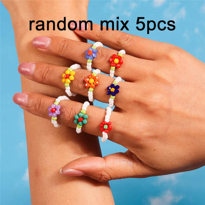 Aihua Korean Colorful Small Flower Ring Sets Bohemia Handmade Multi Beaded Rice Beads Finger Ring For Women Beach Jewelry Gifts
