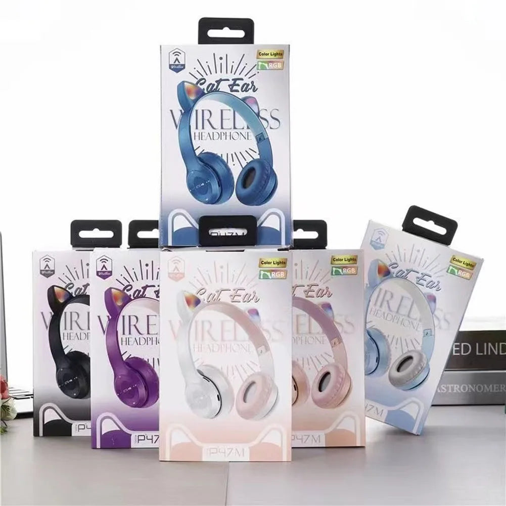 Wireless Headphones Cat Ear Gaming Headset Glow Light Bluetooth-Compatible Helmets Cute Over-Ear Headsets for Kids and Adult