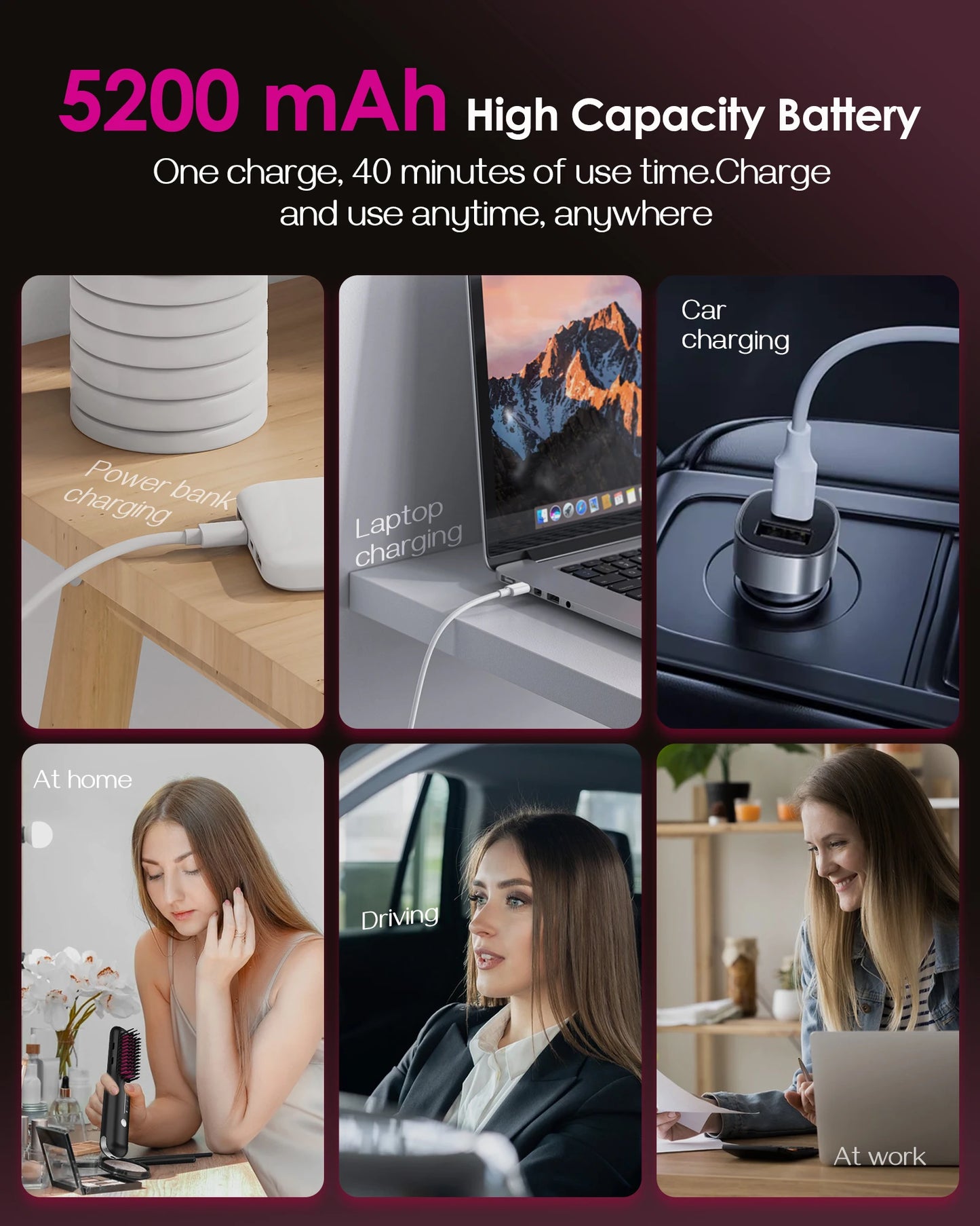 Porta Mini Hair Straightening Brush for Travel– Cordless & USB Rechargeable,Ionic Hot Comb for Frizz-Free Shine,Lightweight