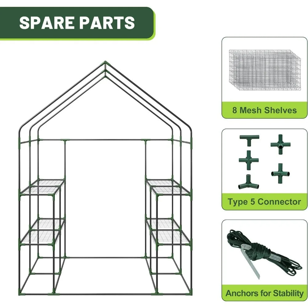 Portable PE Cover Greenhouse with Anchors and Ropes Indoor Outdoor-3 Tier 8 Wired Shelves Plant Gardening Hot House
