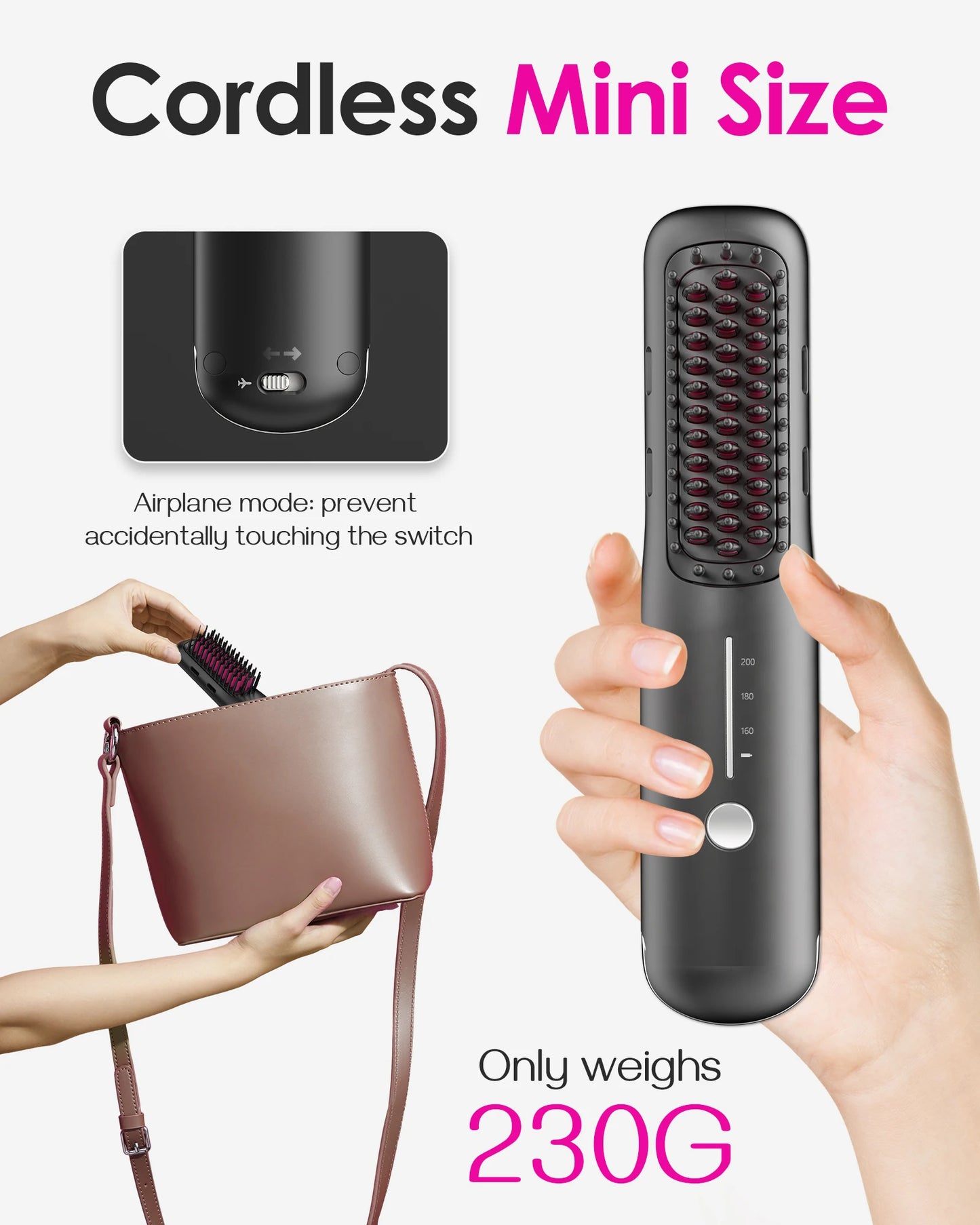 Porta Mini Hair Straightening Brush for Travel– Cordless & USB Rechargeable,Ionic Hot Comb for Frizz-Free Shine,Lightweight