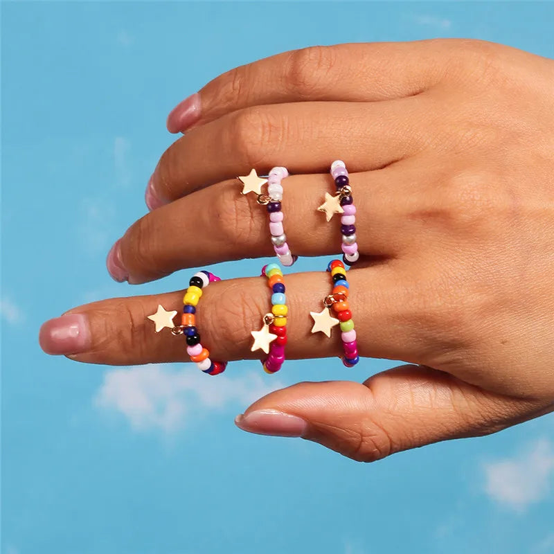 Aihua Korean Colorful Small Flower Ring Sets Bohemia Handmade Multi Beaded Rice Beads Finger Ring For Women Beach Jewelry Gifts