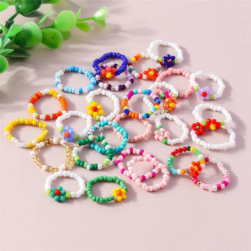 Aihua Korean Colorful Small Flower Ring Sets Bohemia Handmade Multi Beaded Rice Beads Finger Ring For Women Beach Jewelry Gifts