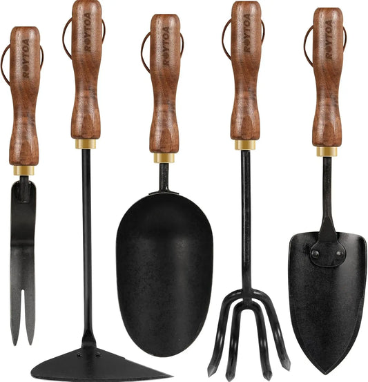 Garden Tool Set,5Pcs Gardening Tools,Stainless Steel Heavy Duty Hand Cultivator, Hoes，Shovel, Trowel and Weeder