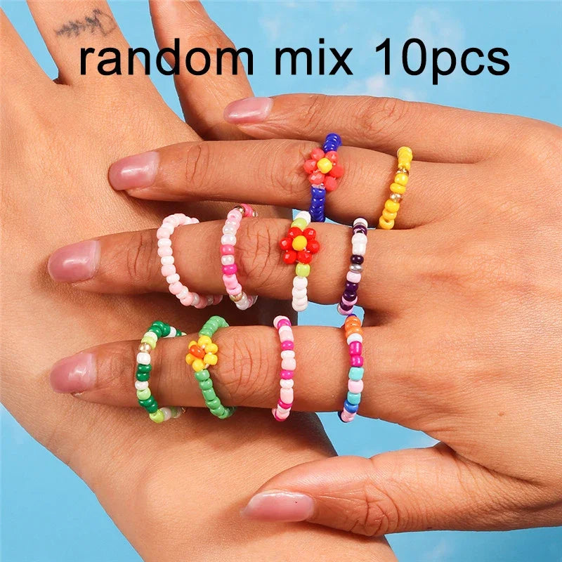 Aihua Korean Colorful Small Flower Ring Sets Bohemia Handmade Multi Beaded Rice Beads Finger Ring For Women Beach Jewelry Gifts